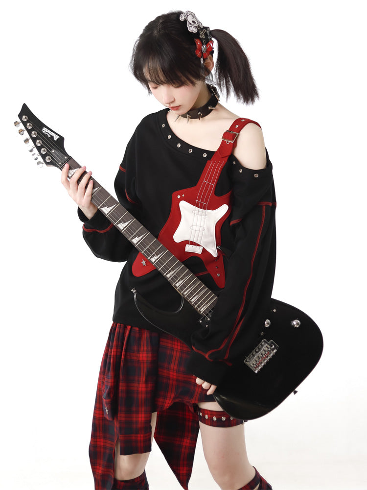 Guitar Style Off-shoulder shirt & Check skirt PIN0018