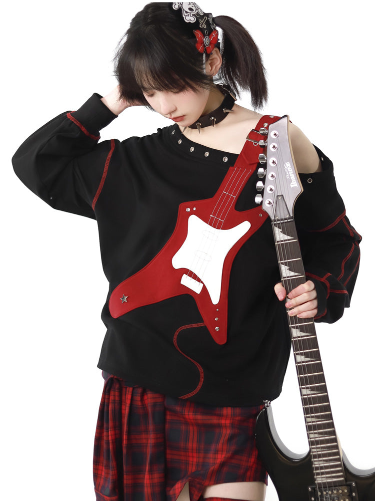 Guitar Style Off-shoulder shirt & Check skirt PIN0018