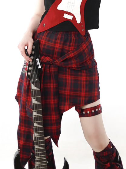 Guitar Style Off-shoulder shirt & Check skirt PIN0018