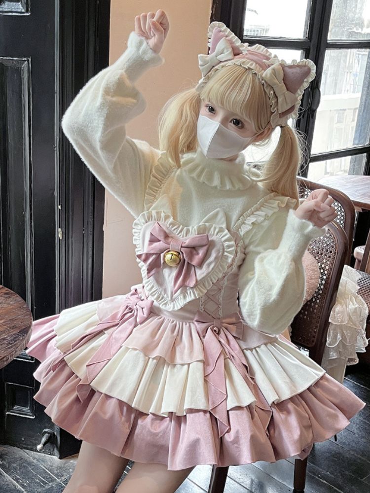 Cat Ear Puffy Velvet Heart Ruffle Suspender Dress SAK0007