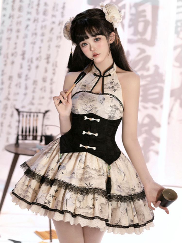 Japanese Pattern Cheongsam Ruffle Lolita Dress SAK0010