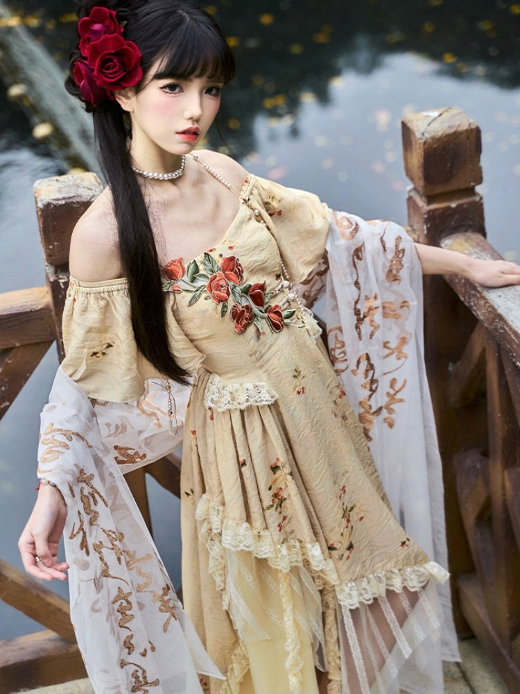 Rose Embroidery Chinese-Style Off-Shoulder Irregular Hem Dress WIT0085