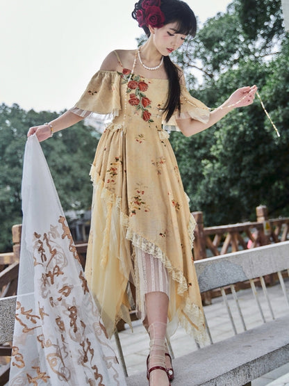 Rose Embroidery Chinese-Style Off-Shoulder Irregular Hem Dress WIT0085