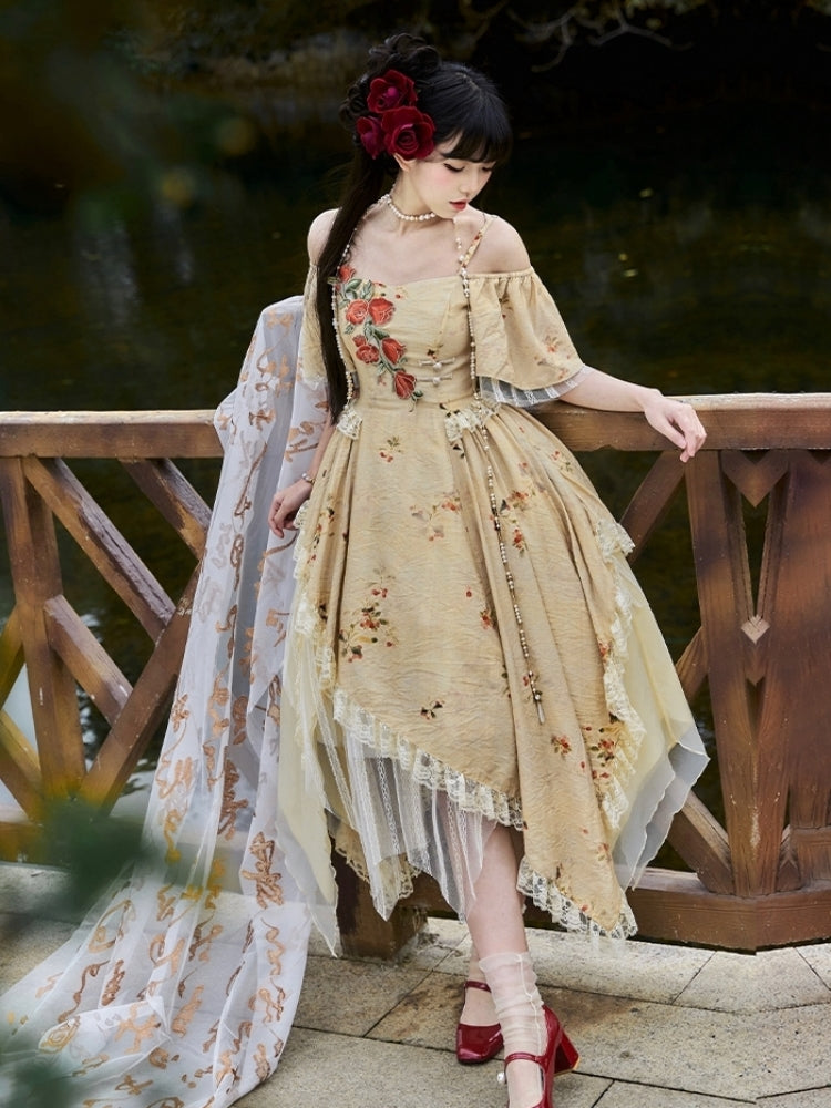 Rose Embroidery Chinese-Style Off-Shoulder Irregular Hem Dress WIT0085