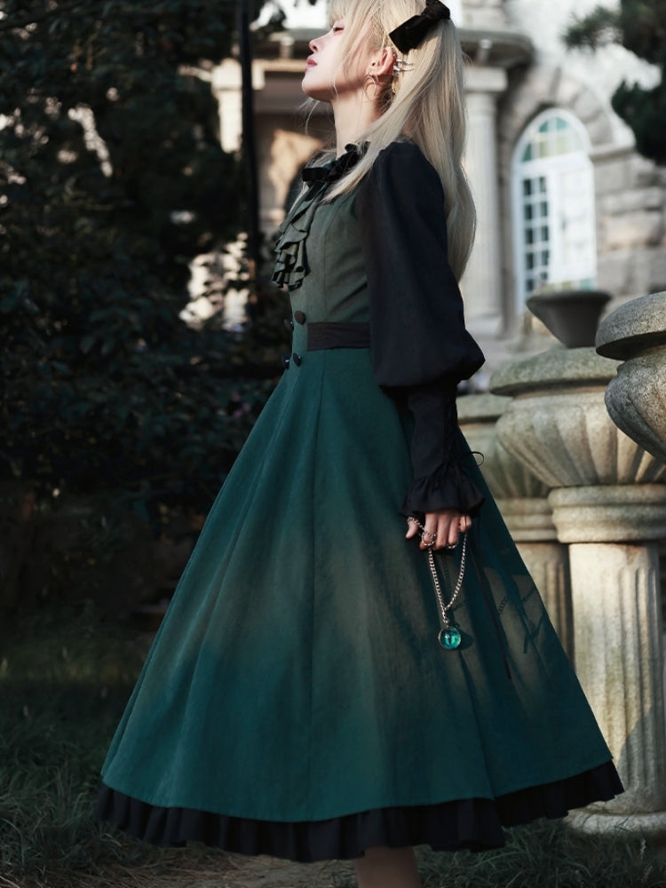 Black and Green Potion Academy-Style Mid-Length Dress WIT0094