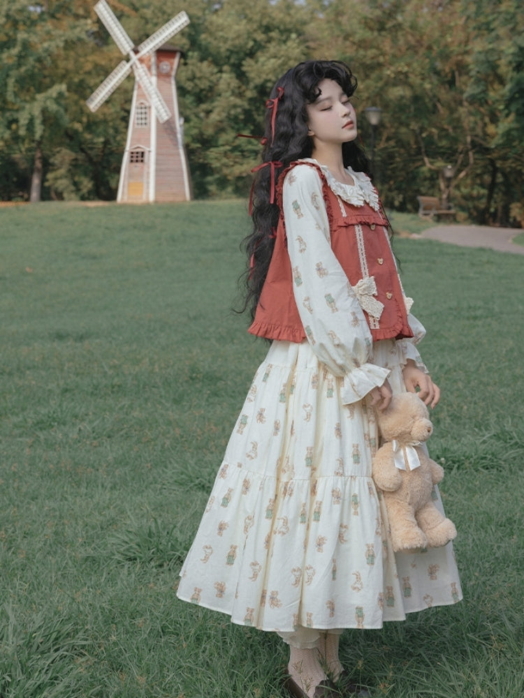 Teddy Bear Print Lolita Tiered Long Dress WIT0095