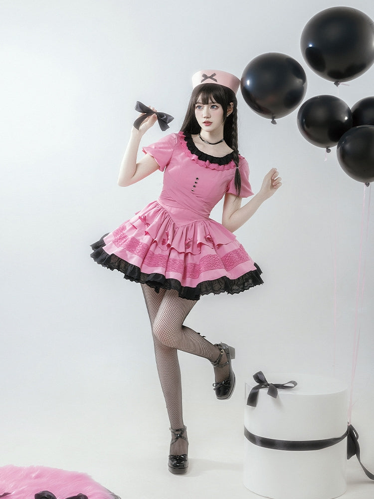 Sweet Black and Pink Short Sleeve Dress WIT0127