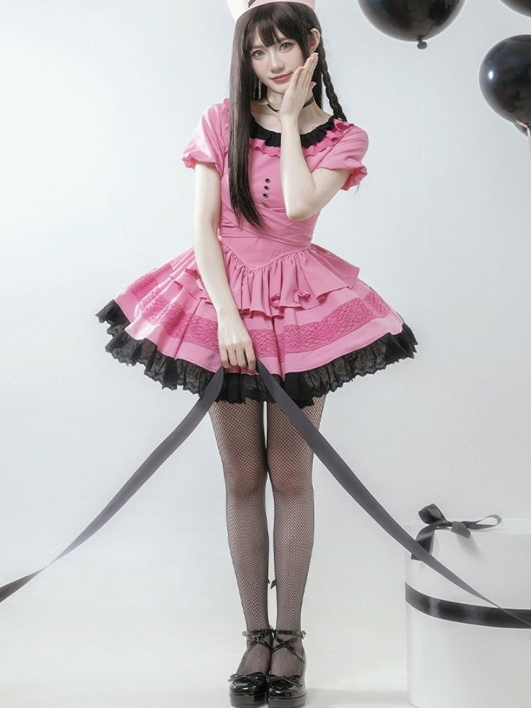 Sweet Black and Pink Short Sleeve Dress WIT0127