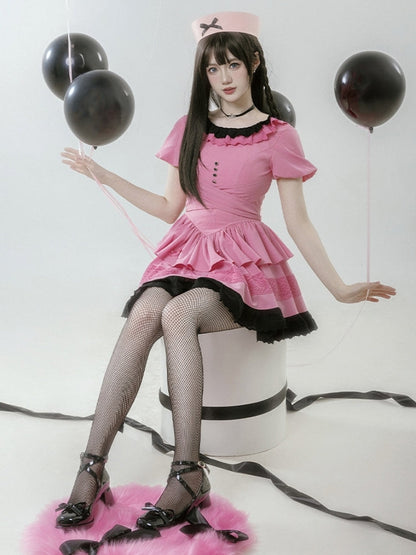 Sweet Black and Pink Short Sleeve Dress WIT0127