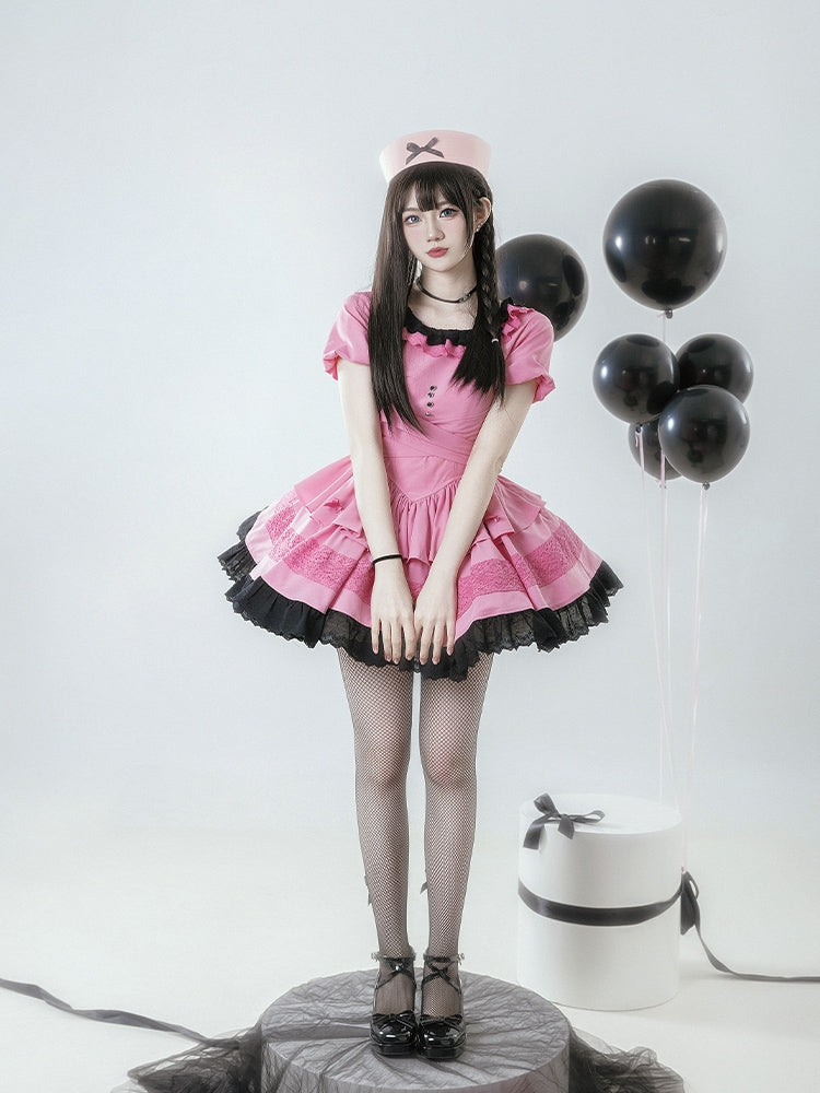 Sweet Black and Pink Short Sleeve Dress WIT0127