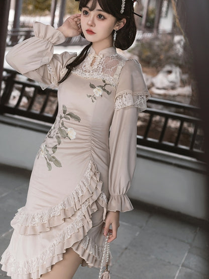 Floral Print Chinese-Style Fishtail Dress WIT0134