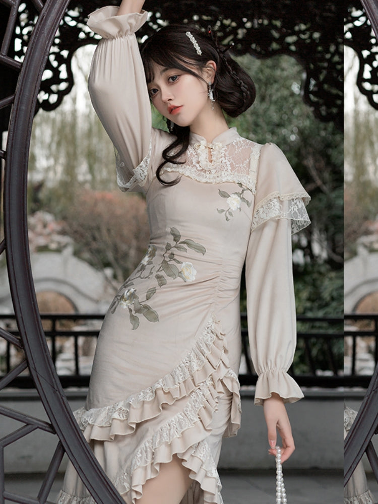 Floral Print Chinese-Style Fishtail Dress WIT0134