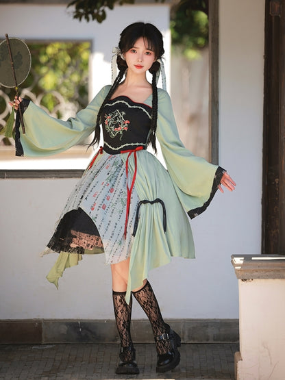 China-Style Dragon Embroidery Print Green Dress WIT0140