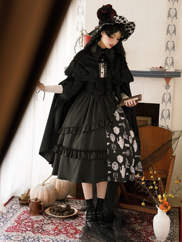 Asymmetry Frill Tiered Black Lolita Dress WIT0142