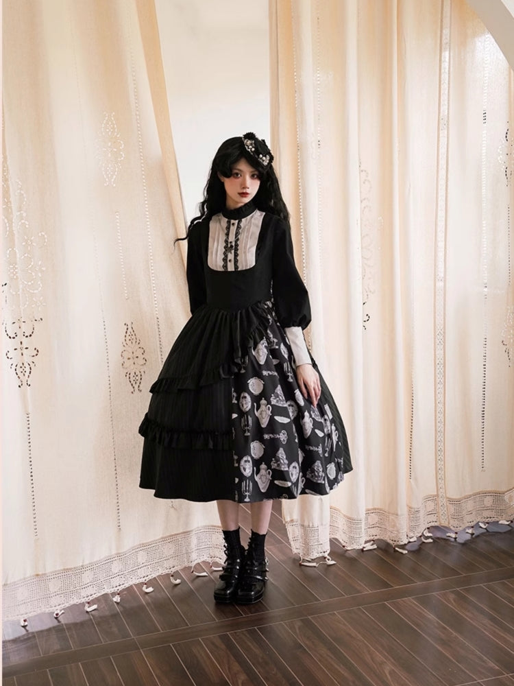 Asymmetry Frill Tiered Black Lolita Dress WIT0142