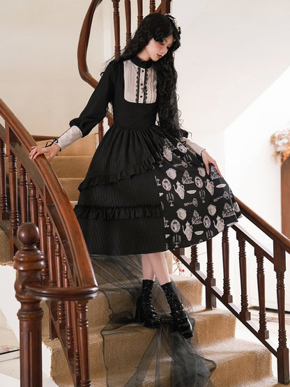 Asymmetry Frill Tiered Black Lolita Dress WIT0142