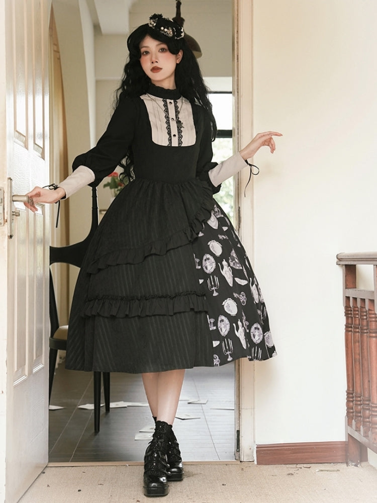 Asymmetry Frill Tiered Black Lolita Dress WIT0142