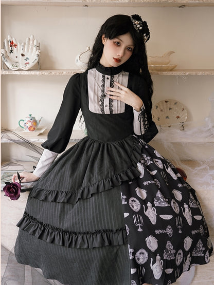 Asymmetry Frill Tiered Black Lolita Dress WIT0142