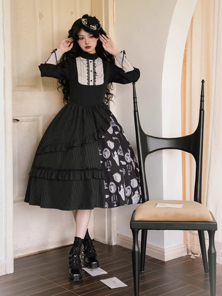 Asymmetry Frill Tiered Black Lolita Dress WIT0142