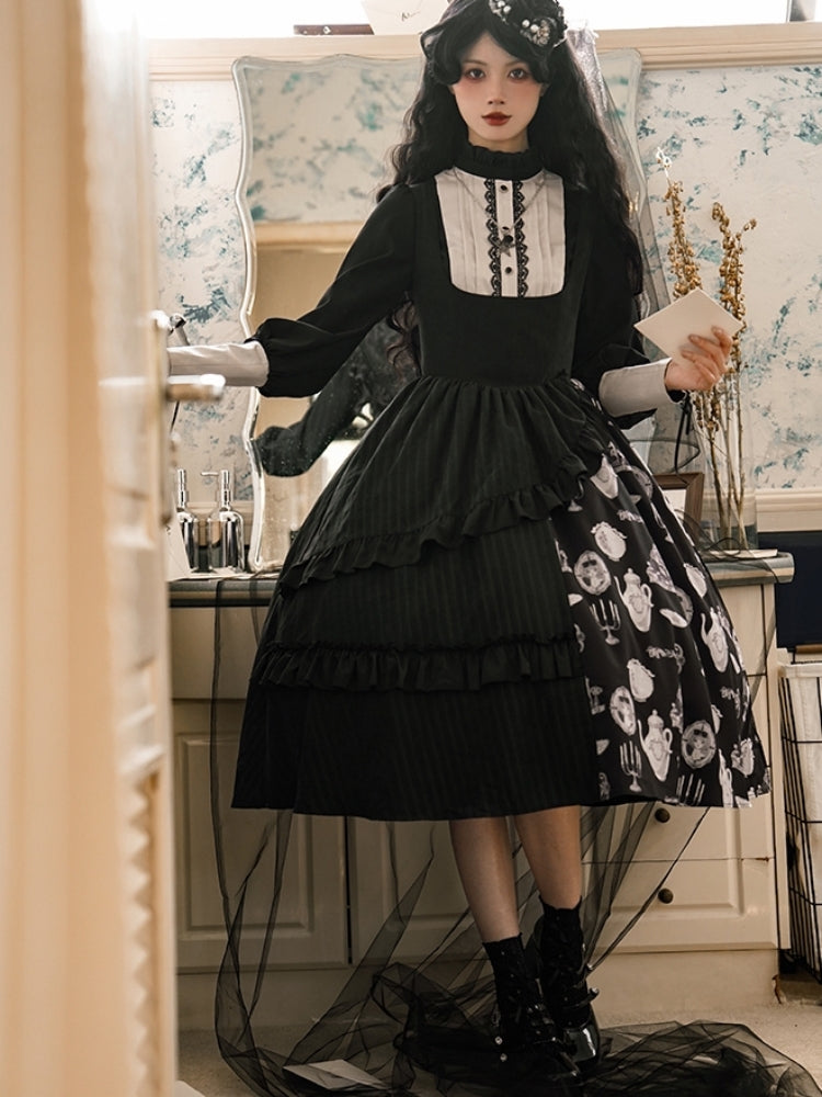 Asymmetry Frill Tiered Black Lolita Dress WIT0142