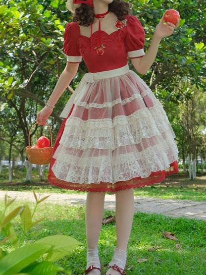 Apple Embroidery Red Mid-Length Dress WIT0148