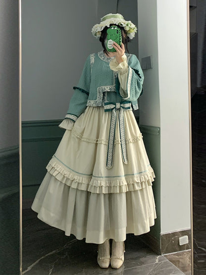 French Lace Knit Ribbon Light Green Long Dress WIT0156