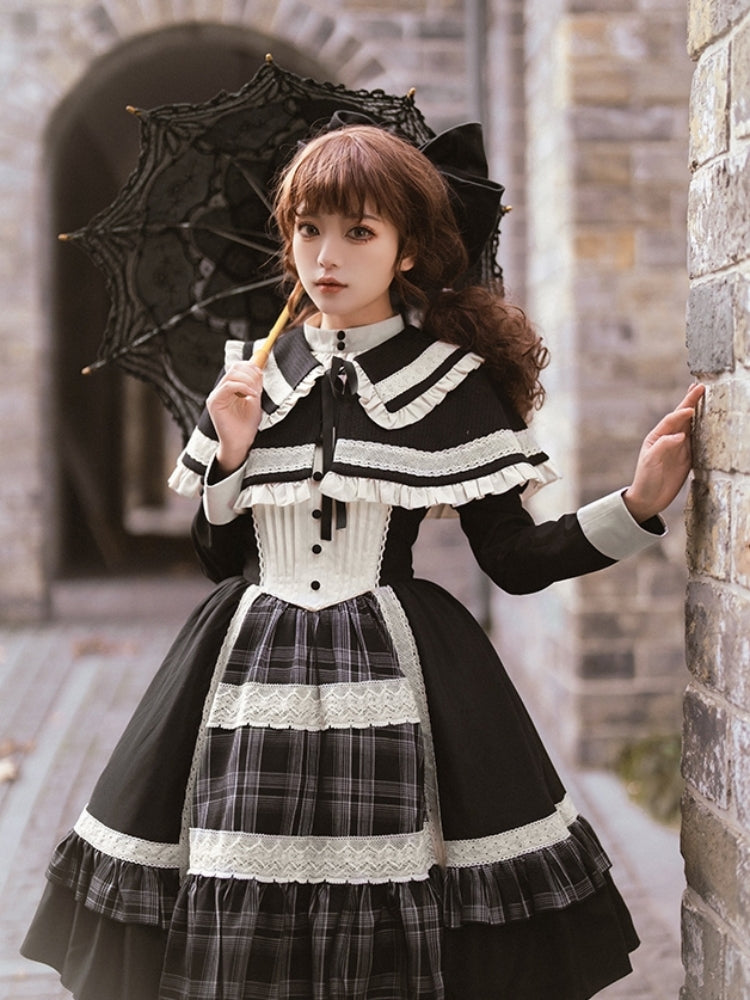 Elegant Check Print Knit Cape Lolita Dress WIT0165