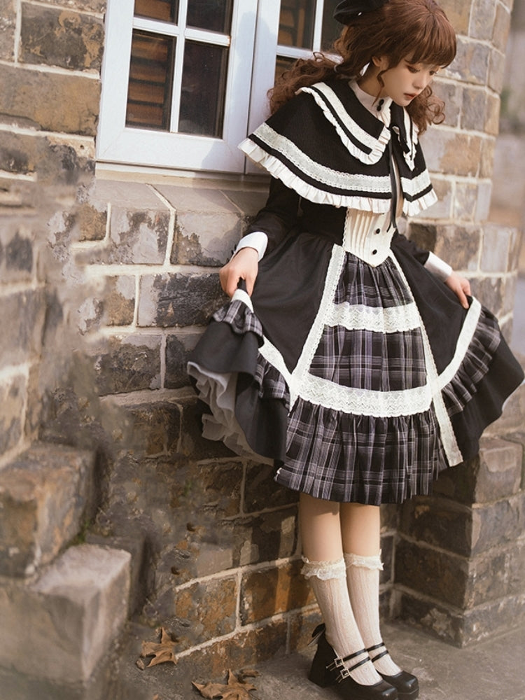 Elegant Check Print Knit Cape Lolita Dress WIT0165