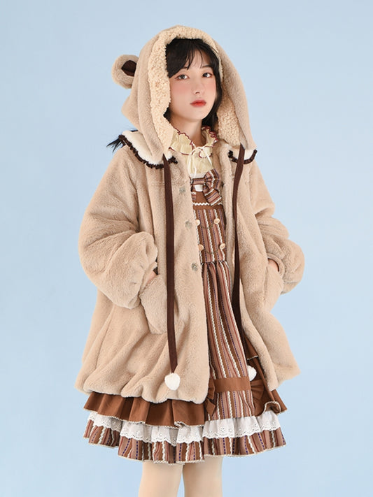 Teddy Bear Ear Fleece Beige Hoodie WIT0170