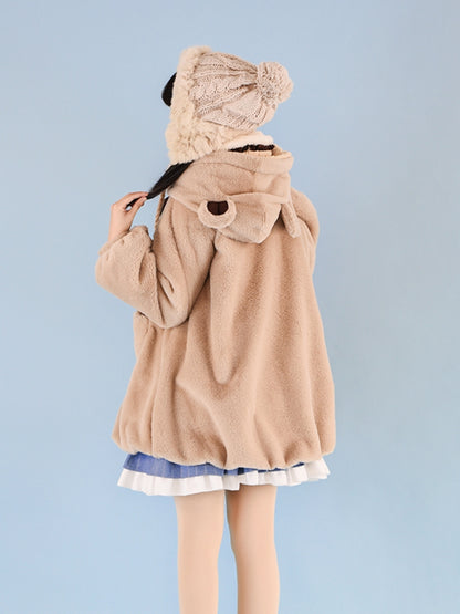 Teddy Bear Ear Fleece Beige Hoodie WIT0170