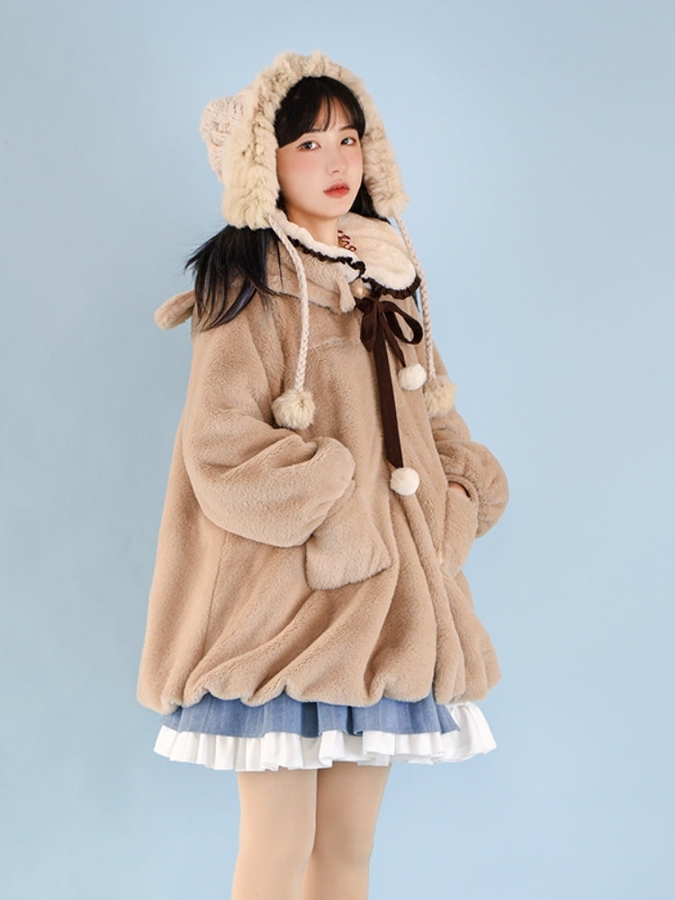 Teddy Bear Ear Fleece Beige Hoodie WIT0170