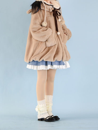 Teddy Bear Ear Fleece Beige Hoodie WIT0170