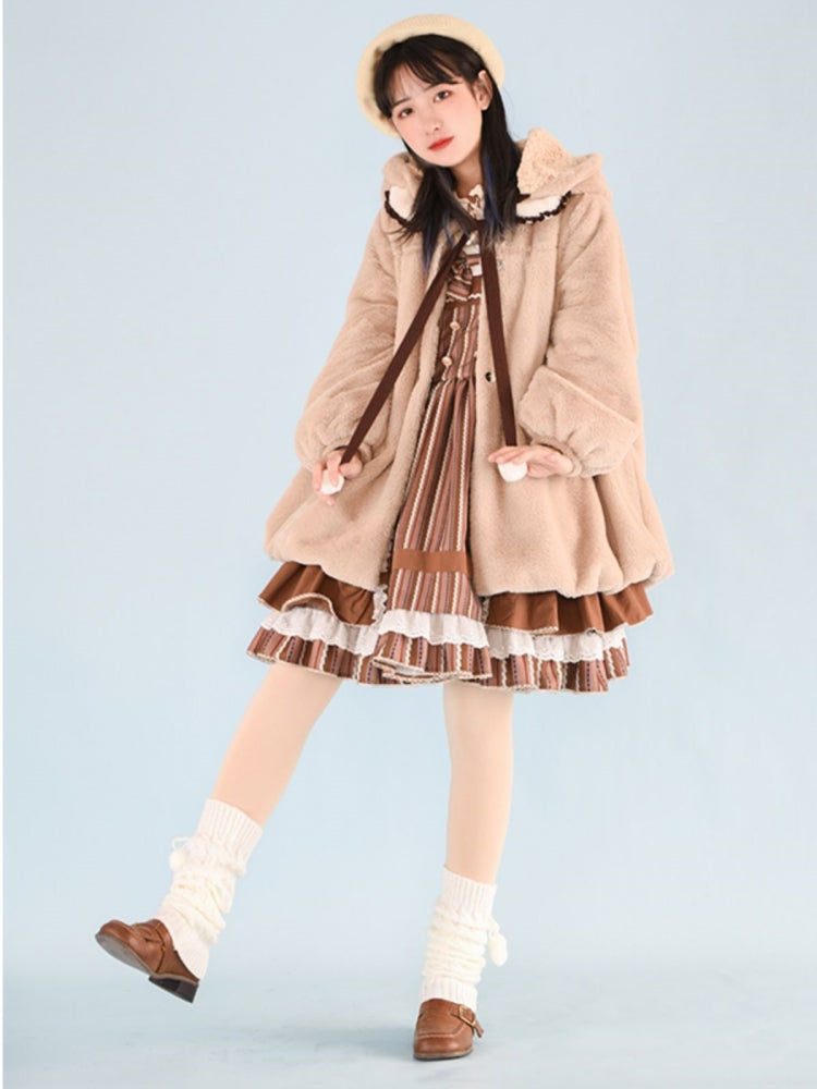 Teddy Bear Ear Fleece Beige Hoodie WIT0170