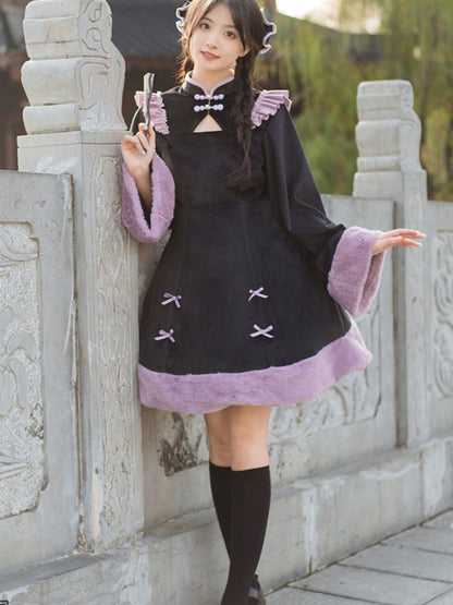 Chinese-Style Black and Purple Frill Ribbon Dress WIT0181