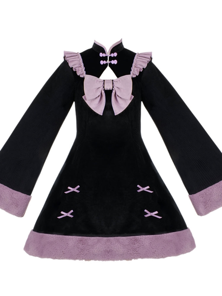 Chinese-Style Black and Purple Frill Ribbon Dress WIT0181