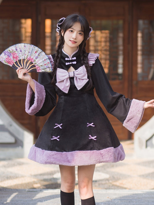 Chinese-Style Black and Purple Frill Ribbon Dress WIT0181