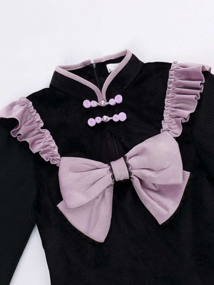 Chinese-Style Black and Purple Frill Ribbon Dress WIT0181