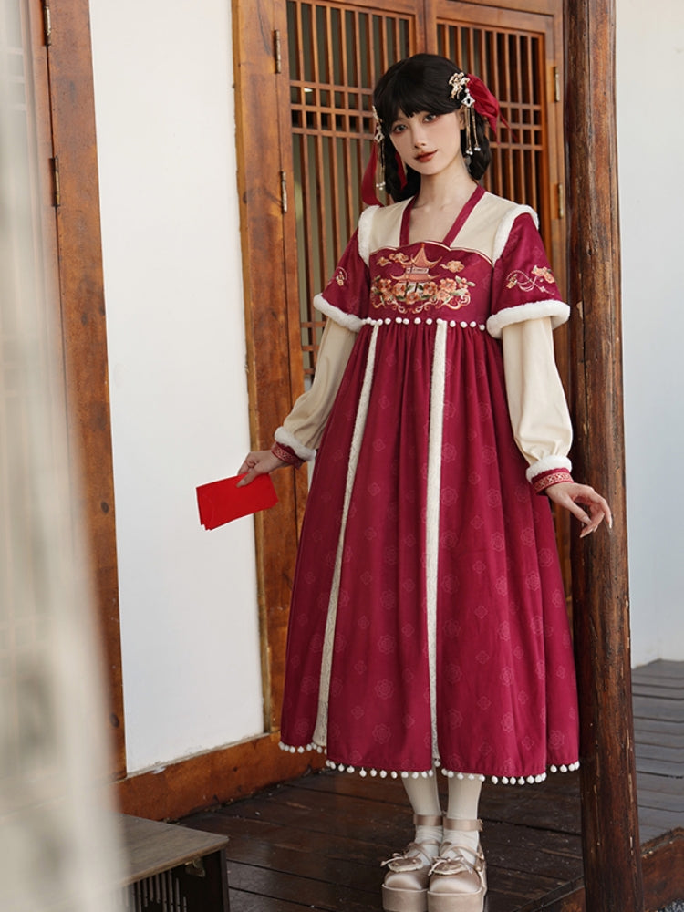 Red and White Chinese-Style Embroidery Long Dress WIT0195