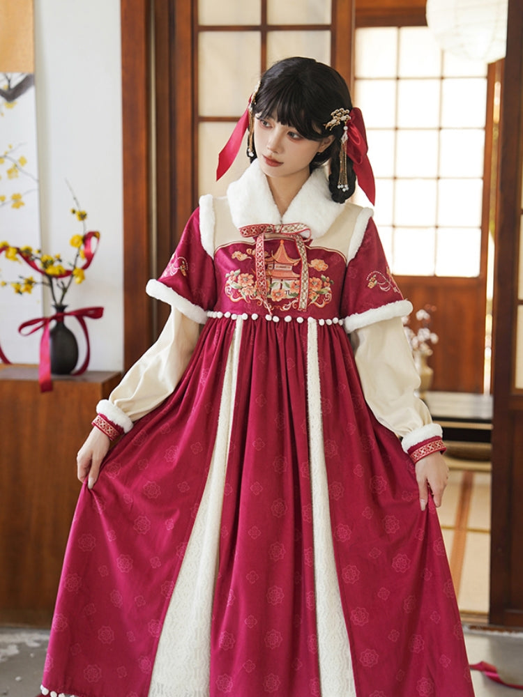 Red and White Chinese-Style Embroidery Long Dress WIT0195