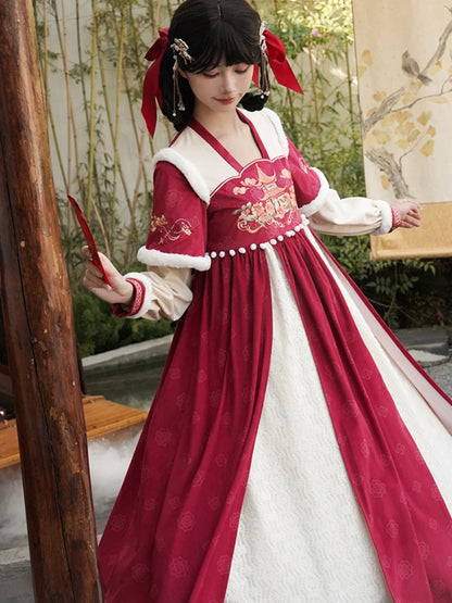 Red and White Chinese-Style Embroidery Long Dress WIT0195