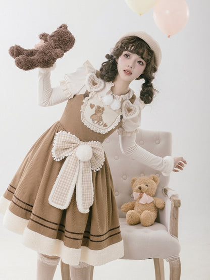 Corduroy Mid-Length Dress with Bear Embroidery WIT0208