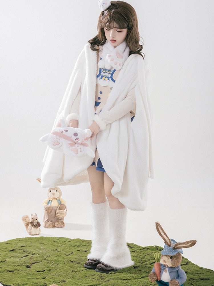 White Cat Ear Hooded Fleece Cape WIT0210