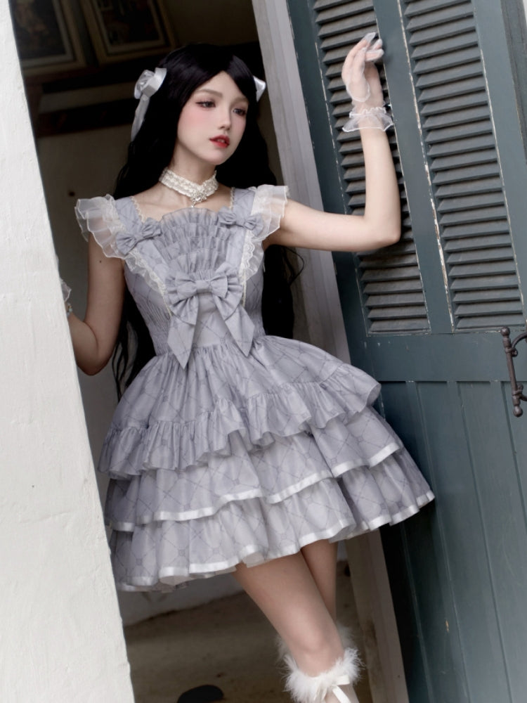 Diamond Print Big Ribbon Tiered Frill Mini Dress WIT0214