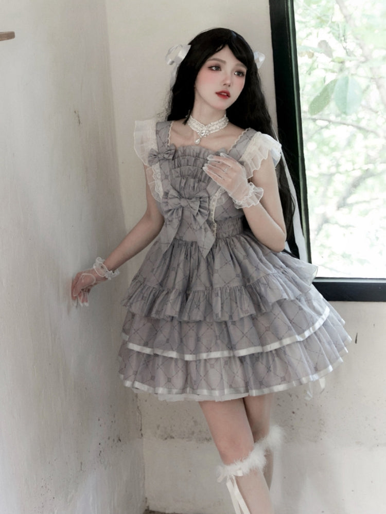 Diamond Print Big Ribbon Tiered Frill Mini Dress WIT0214