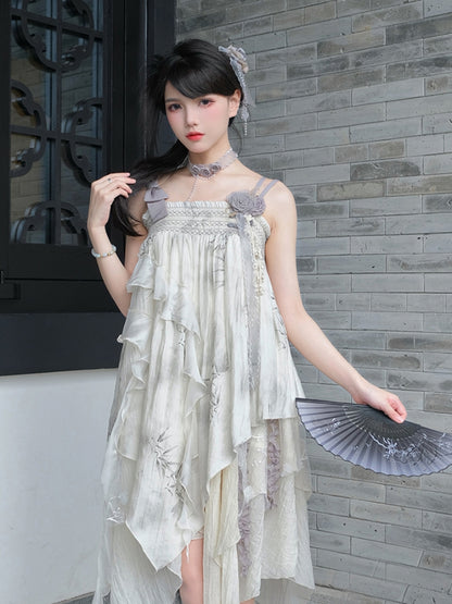 Chinese-Style Bamboo Print Asymmetry Dress WIT0216