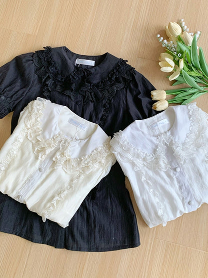 Three-Color Short Sleeve Lace Blouse WIT0219