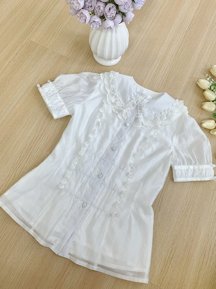 Three-Color Short Sleeve Lace Blouse WIT0219