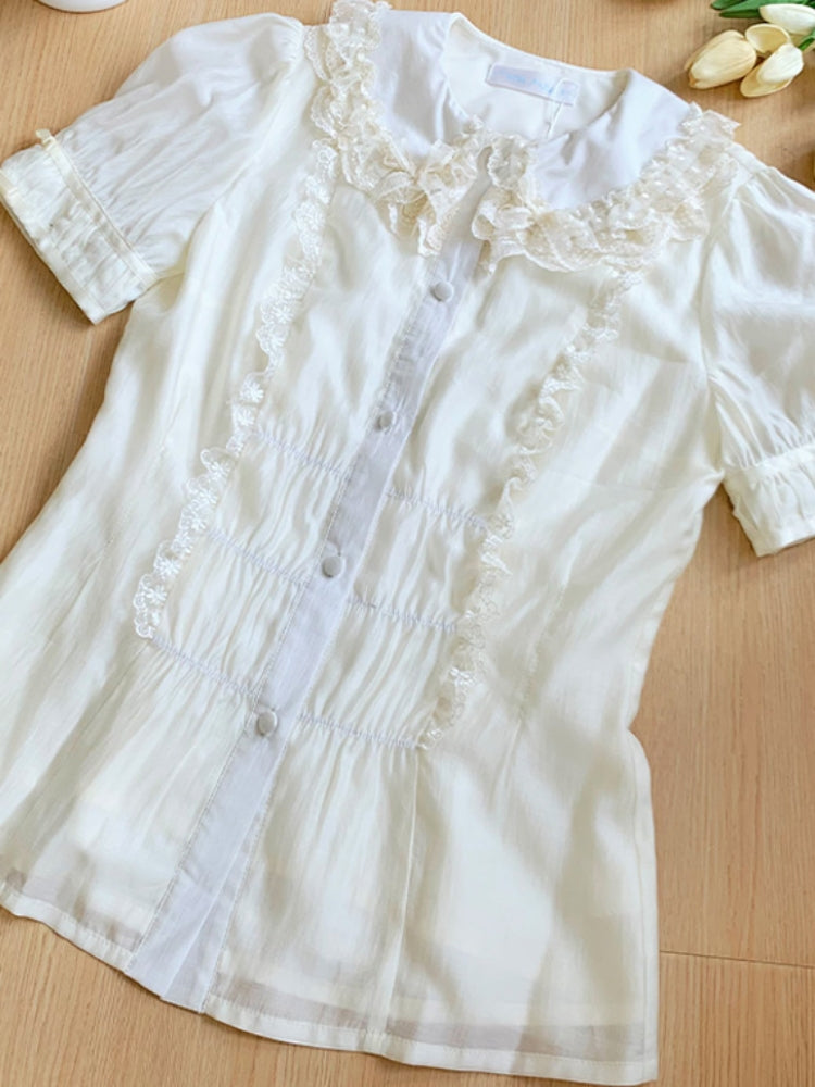 Three-Color Short Sleeve Lace Blouse WIT0219