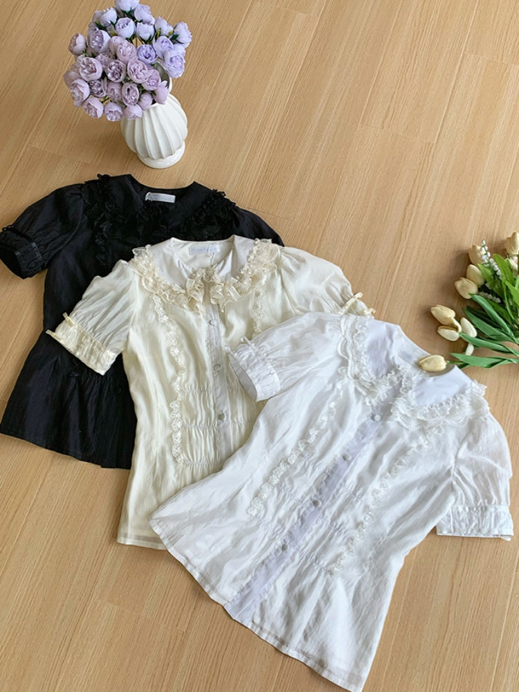 Three-Color Short Sleeve Lace Blouse WIT0219