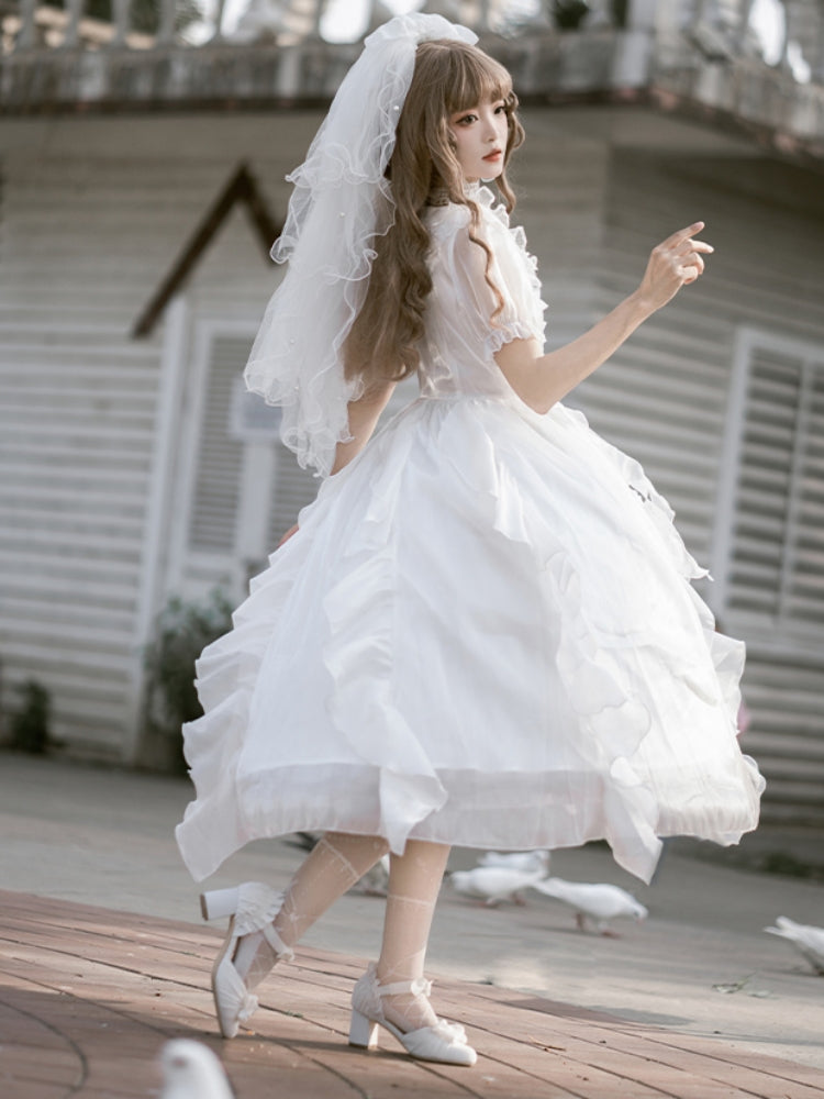 White Lace Satin Mid-Length Princess Line Dress WIT0220